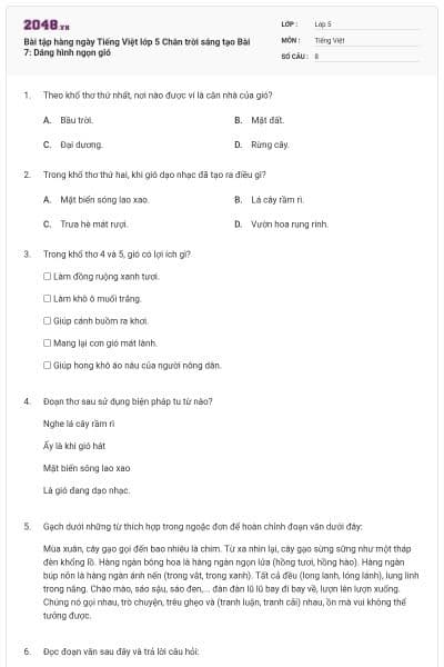 Bài tập hàng ngày Tiếng Việt lớp 5 Chân trời sáng tạo Bài 7: Dáng hình ngọn gió
