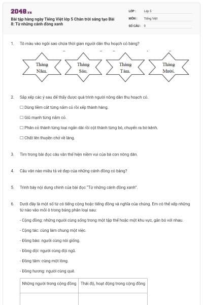 Bài tập hàng ngày Tiếng Việt lớp 5 Chân trời sáng tạo Bài 8: Từ những cánh đồng xanh