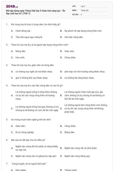 Bài tập hàng ngày Tiếng Việt lớp 5 Chân trời sáng tạo - Ôn tập cuối học kì I (Tiết 1)