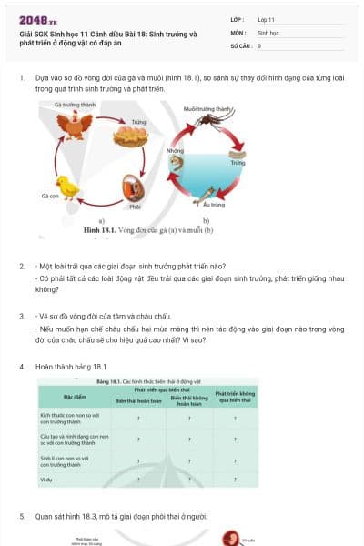 Giải SGK Sinh học 11 Cánh diều Bài 18: Sinh trưởng và phát triển ở động vật có đáp án