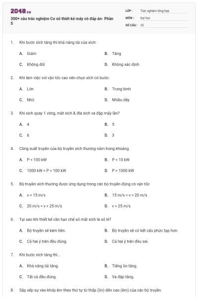 300+ câu trắc nghiệm Cơ sở thiết kế máy có đáp án- Phần 5