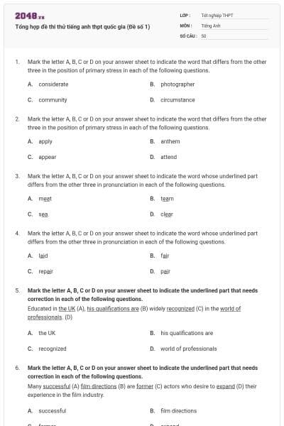 Tổng hợp đề thi thử tiếng anh thpt quốc gia (Đề số 1)
