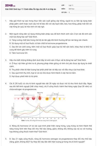 Giải SGK Sinh học 11 Cánh diều Ôn tập chủ đề 4 có đáp án
