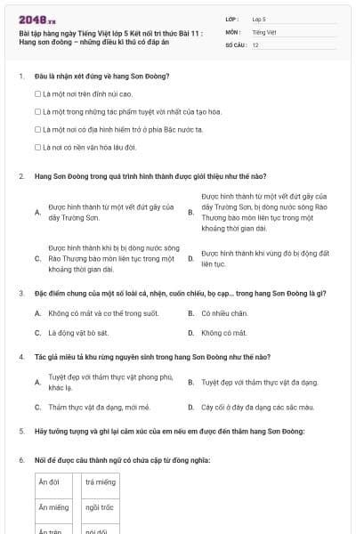 Bài tập hàng ngày Tiếng Việt lớp 5 Kết nối tri thức Bài 11 : Hang sơn đoòng – những điều kì thú có đáp án