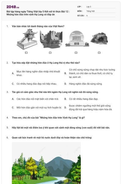 Bài tập hàng ngày Tiếng Việt lớp 5 Kết nối tri thức Bài 12 : Những hòn đảo trên vịnh Hạ Long có đáp án