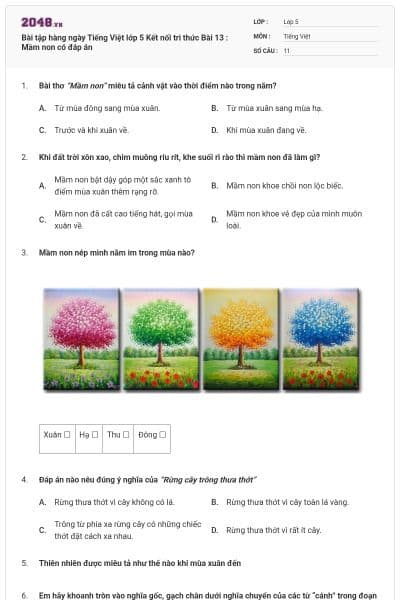 Bài tập hàng ngày Tiếng Việt lớp 5 Kết nối tri thức Bài 13 : Mầm non có đáp án