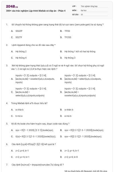 300+ câu trắc nghiệm Lập trình Matlab có đáp án - Phần 4
