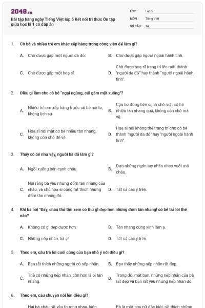 Bài tập hàng ngày Tiếng Việt lớp 5 Kết nối tri thức Ôn tập giữa học kì 1 có đáp án