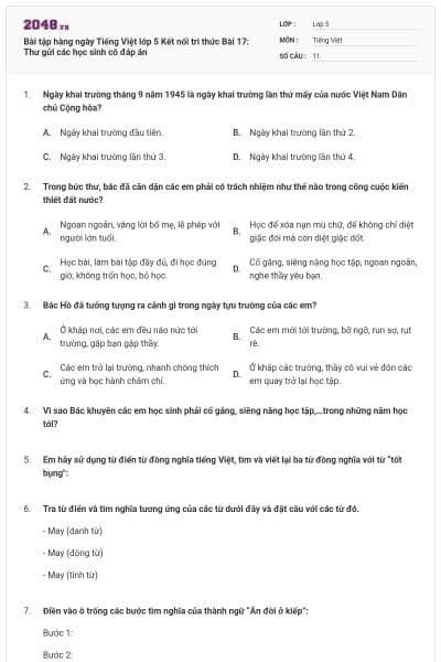 Bài tập hàng ngày Tiếng Việt lớp 5 Kết nối tri thức Bài 17: Thư gửi các học sinh có đáp án