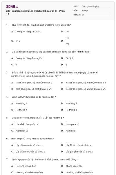 300+ câu trắc nghiệm Lập trình Matlab có đáp án - Phần 14