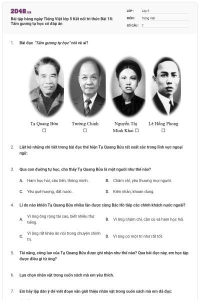 Bài tập hàng ngày Tiếng Việt lớp 5 Kết nối tri thức Bài 18: Tấm gương tự học có đáp án