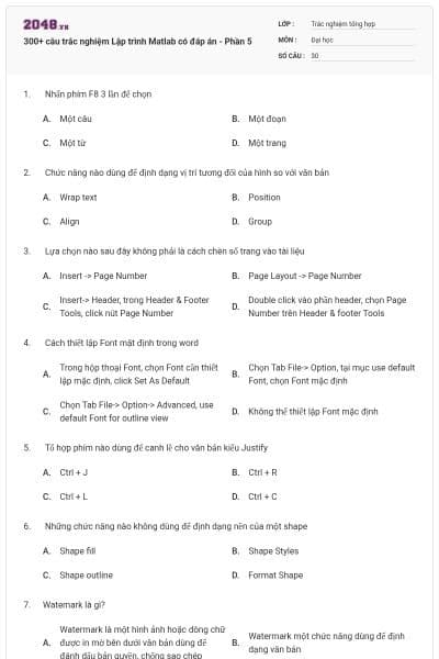 300+ câu trắc nghiệm Lập trình Matlab có đáp án - Phần 5