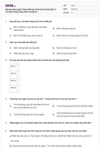 Bài tập hàng ngày Tiếng Việt lớp 5 Kết nối tri thức Bài 21: Thế giới trong trang sách có đáp án