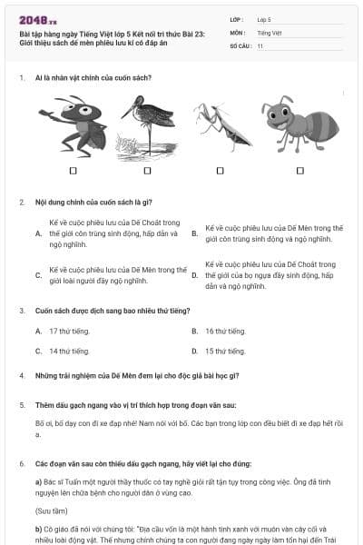 Bài tập hàng ngày Tiếng Việt lớp 5 Kết nối tri thức Bài 23: Giới thiệu sách dế mèn phiêu lưu kí có đáp án