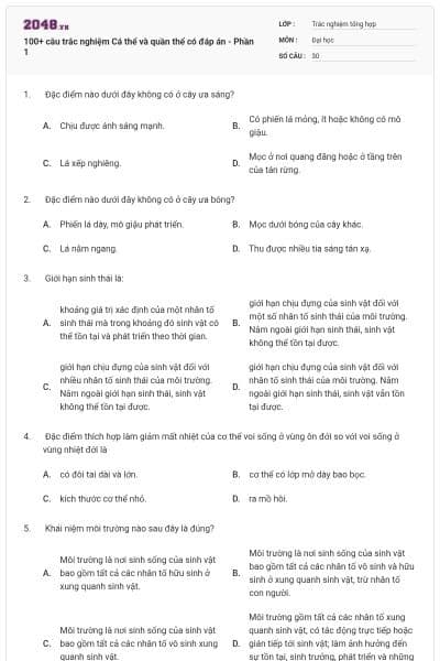 100+ câu trắc nghiệm Cá thể và quần thể có đáp án - Phần 1