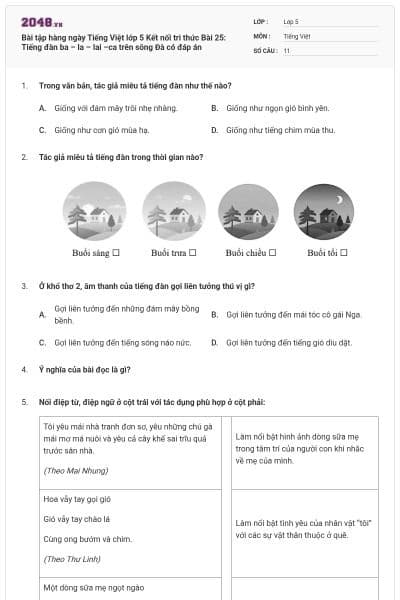 Bài tập hàng ngày Tiếng Việt lớp 5 Kết nối tri thức Bài 25: Tiếng đàn ba – la – lai –ca trên sông Đà có đáp án