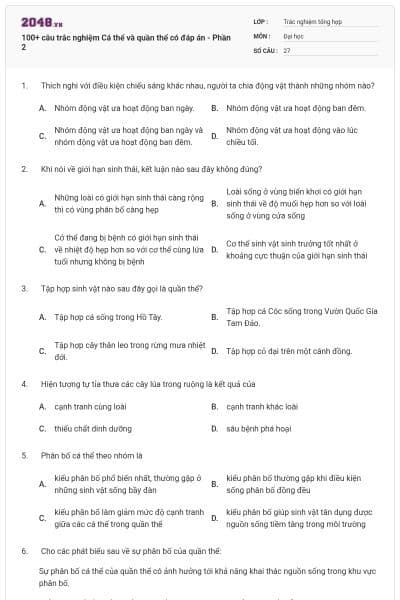 100+ câu trắc nghiệm Cá thể và quần thể có đáp án - Phần 2