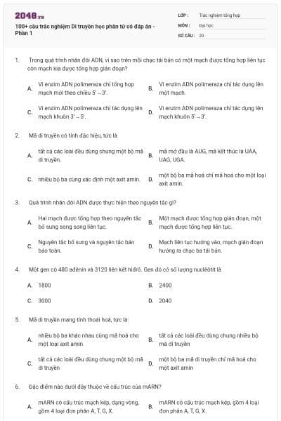100+ câu trắc nghiệm Di truyền học phân tử có đáp án - Phần 1