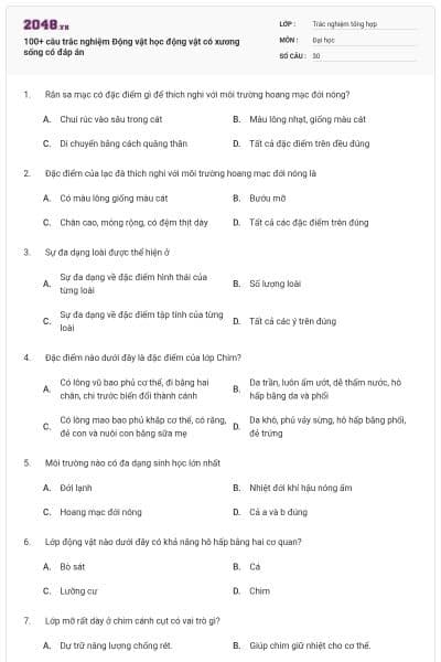 100+ câu trắc nghiệm Động vật học động vật có xương sống có đáp án