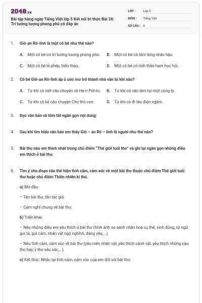 Bài tập hàng ngày Tiếng Việt lớp 5 Kết nối tri thức Bài 26: Trí tưởng tượng phong phú có đáp án