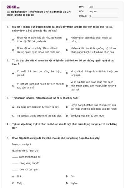 Bài tập hàng ngày Tiếng Việt lớp 5 Kết nối tri thức Bài 27: Tranh làng hồ có đáp án