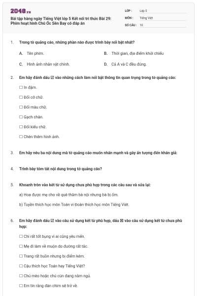 Bài tập hàng ngày Tiếng Việt lớp 5 Kết nối tri thức Bài 29: Phim hoạt hình Chú Ốc Sên Bay có đáp án