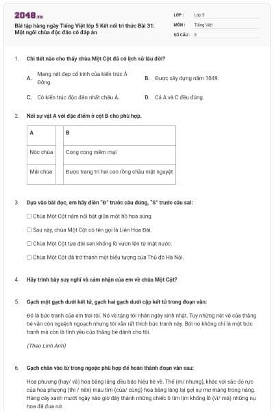 Bài tập hàng ngày Tiếng Việt lớp 5 Kết nối tri thức Bài 31: Một ngôi chùa độc đáo có đáp án