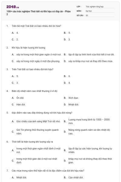 100+ câu trắc nghiệm Thời tiết và Khí hậu có đáp án - Phần 2