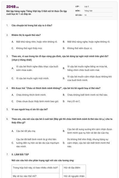 Bài tập hàng ngày Tiếng Việt lớp 5 Kết nối tri thức Ôn tập cuối học kì 1 có đáp án