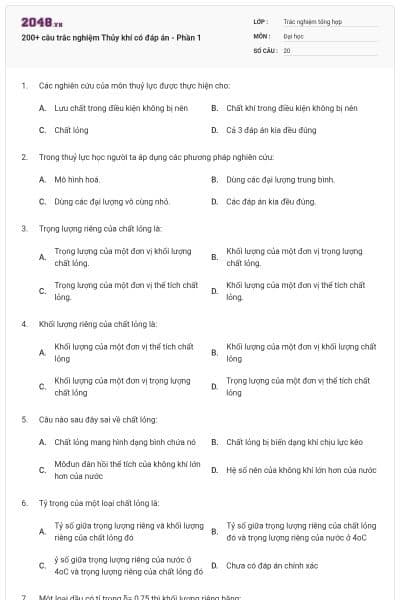 200+ câu trắc nghiệm Thủy khí có đáp án - Phần 1