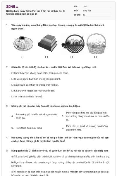 Bài tập hàng ngày Tiếng Việt lớp 5 Kết nối tri thức Bài 5: Giỏ hoa tháng Năm có đáp án