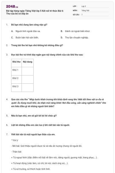 Bài tập hàng ngày Tiếng Việt lớp 5 Kết nối tri thức Bài 6: Thư của bố có đáp án