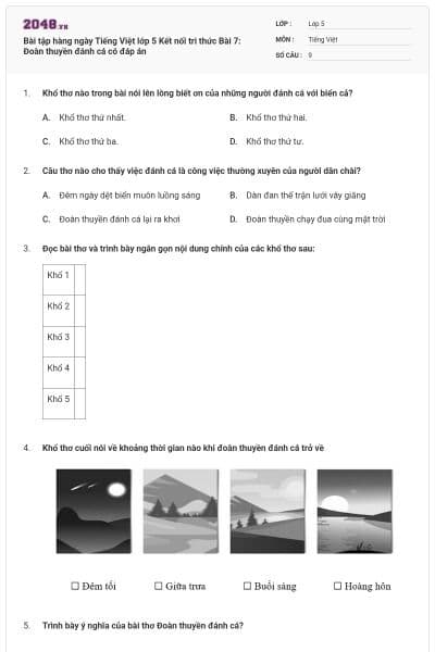 Bài tập hàng ngày Tiếng Việt lớp 5 Kết nối tri thức Bài 7: Đoàn thuyền đánh cá có đáp án