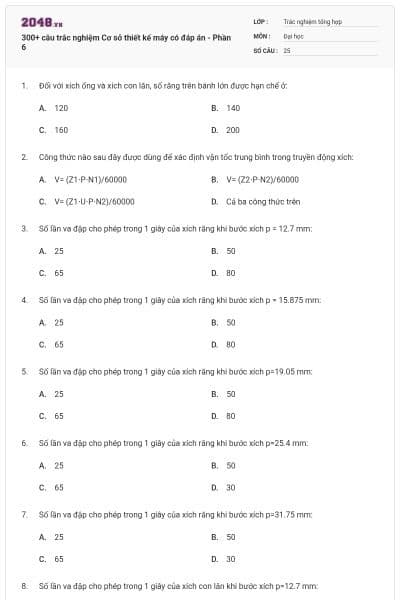 300+ câu trắc nghiệm Cơ sở thiết kế máy có đáp án - Phần 6