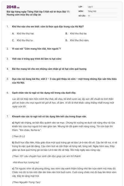 Bài tập hàng ngày Tiếng Việt lớp 5 Kết nối tri thức Bài 11: Hương cốm mùa thu có đáp án