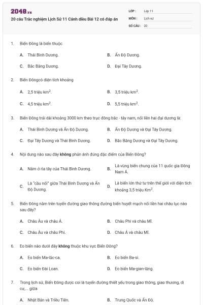 20 câu Trắc nghiệm Lịch Sử 11 Cánh diều Bài 12 có đáp án