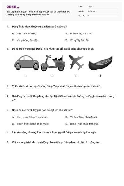 Bài tập hàng ngày Tiếng Việt lớp 5 Kết nối tri thức Bài 14: Đường quê Đồng Tháp Mười có đáp án