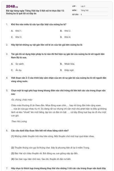 Bài tập hàng ngày Tiếng Việt lớp 5 Kết nối tri thức Bài 15: Xuồng ba lá quê tôi có đáp án