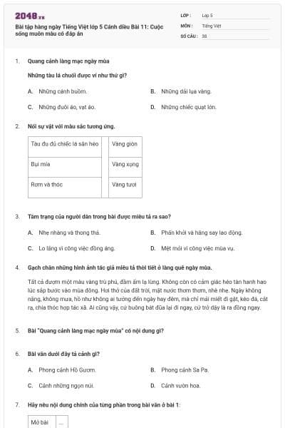 Bài tập hàng ngày Tiếng Việt lớp 5 Cánh diều Bài 11: Cuộc sống muôn màu có đáp án