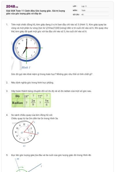 Giải SGK Toán 11 Cánh diều Góc lượng giác. Giá trị lượng giác của góc lượng giác có đáp án