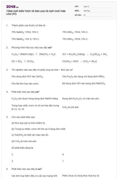 TỔNG HỢP KIẾN THỨC VỀ KIM LOẠI VÀ HỢP CHẤT KIM LOẠI (P2)