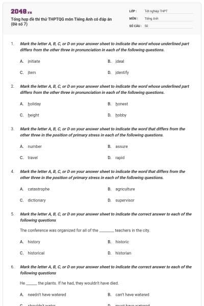 Tổng hợp đề thi thử THPTQG môn Tiếng Anh có đáp án (Đề số 7)