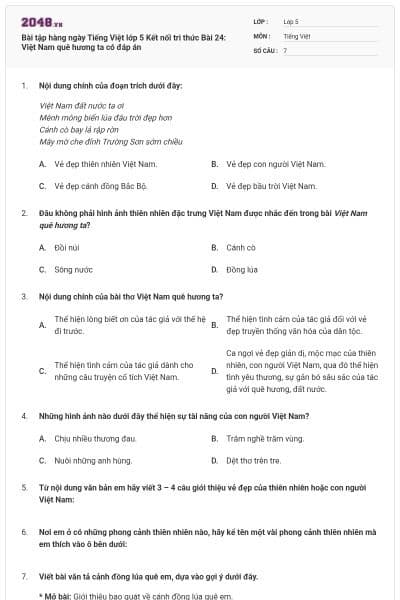 Bài tập hàng ngày Tiếng Việt lớp 5 Kết nối tri thức Bài 24: Việt Nam quê hương ta có đáp án