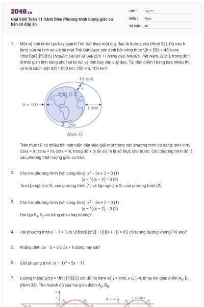 Giải SGK Toán 11 Cánh Diều Phương trình lượng giác cơ bản có đáp án