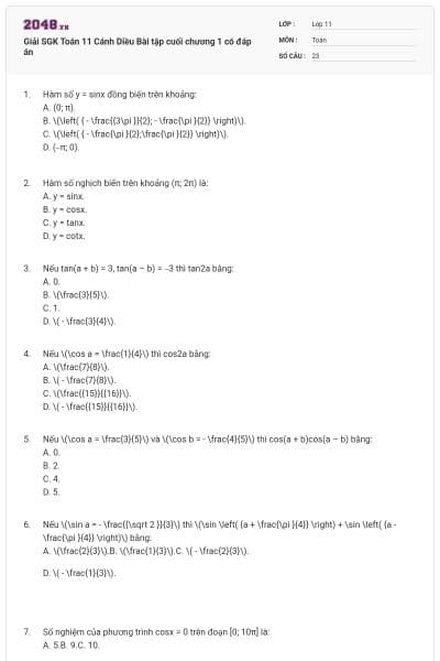 Giải SGK Toán 11 Cánh Diều Bài tập cuối chương 1 có đáp án