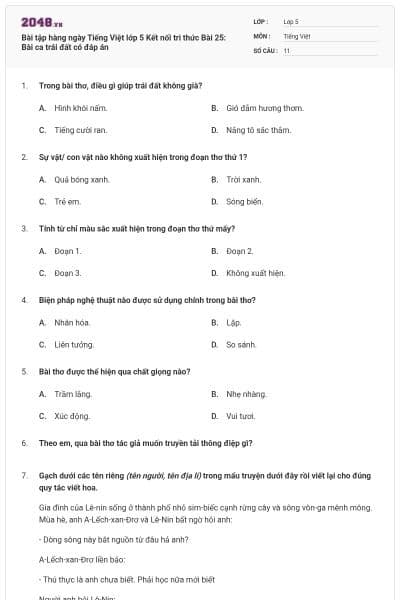 Bài tập hàng ngày Tiếng Việt lớp 5 Kết nối tri thức Bài 25: Bài ca trái đất có đáp án