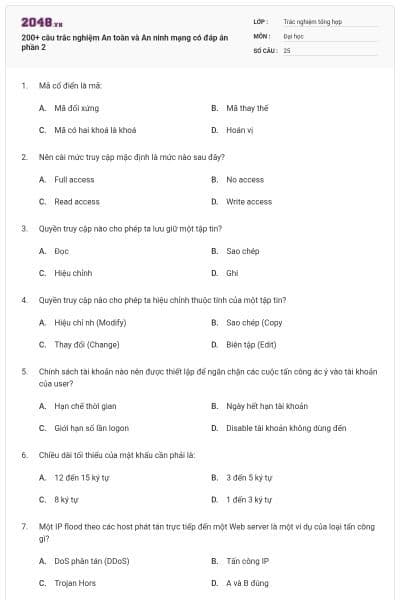 200+ câu trắc nghiệm An toàn và An ninh mạng có đáp án phần 2
