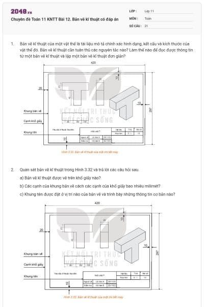 Chuyên đề Toán 11 KNTT Bài 12. Bản vẽ kĩ thuật có đáp án