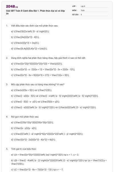 Giải SBT Toán 8 Cánh diều Bài 1. Phân thức đại số có đáp án