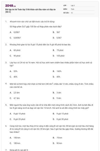 Bài tập ôn hè Toán lớp 5 Đề khảo sát đầu năm có đáp án (Đề 2)